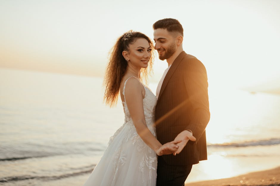 Beautiful couple at sunset for their wedding photography session